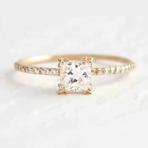14KT GOLD PLATED DAINTY STERLING SILVER DIAMOND CUT WHITE SAPPHIRES ENGAGEMENT - Picture 1 of 5